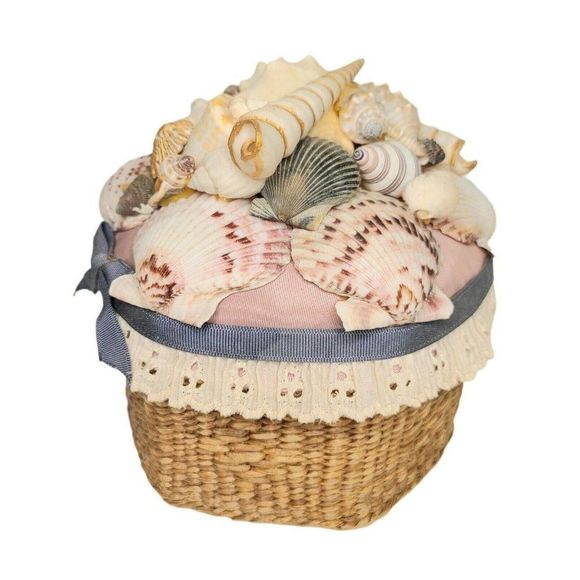 Vtg handmade Shell covered beach Wicker Woven Lace trim Stash Box Basket 6" - Picture 4 of 9